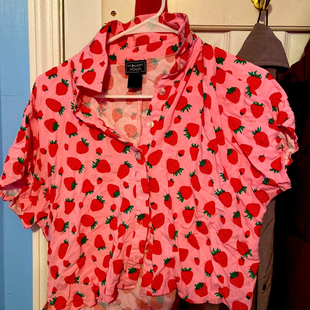 Pink strawberry button down, cropped.